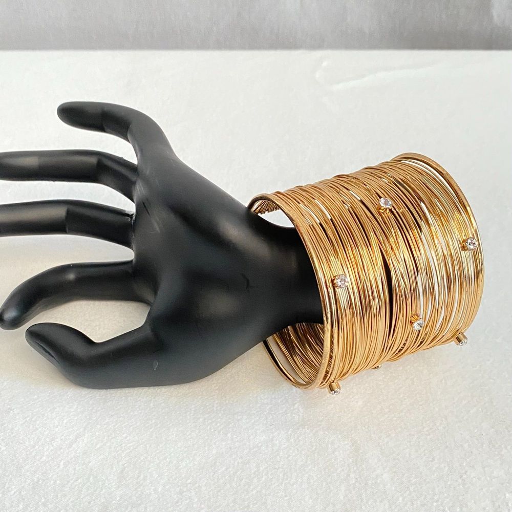 💎Wide Gold Tone Wire Layered Rhinestone Studded Cuff Bracelet